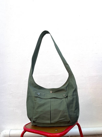 Pleated Pocket Bag - Green Sateen Twill