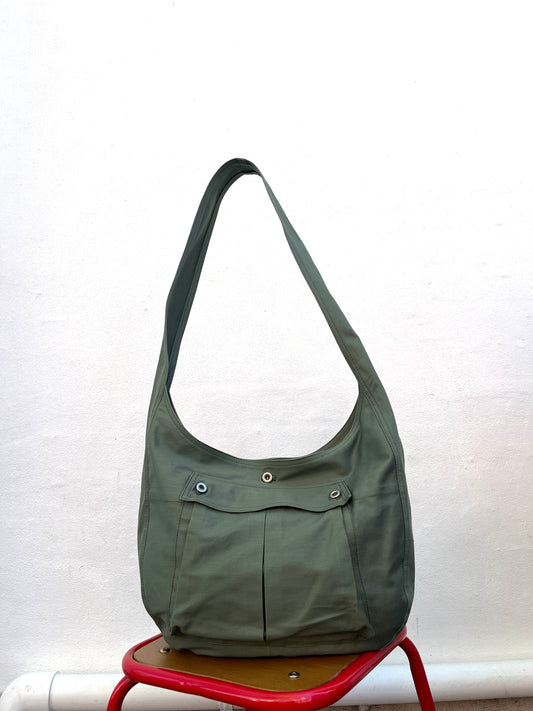 Pleated Pocket Bag - Green Sateen Twill